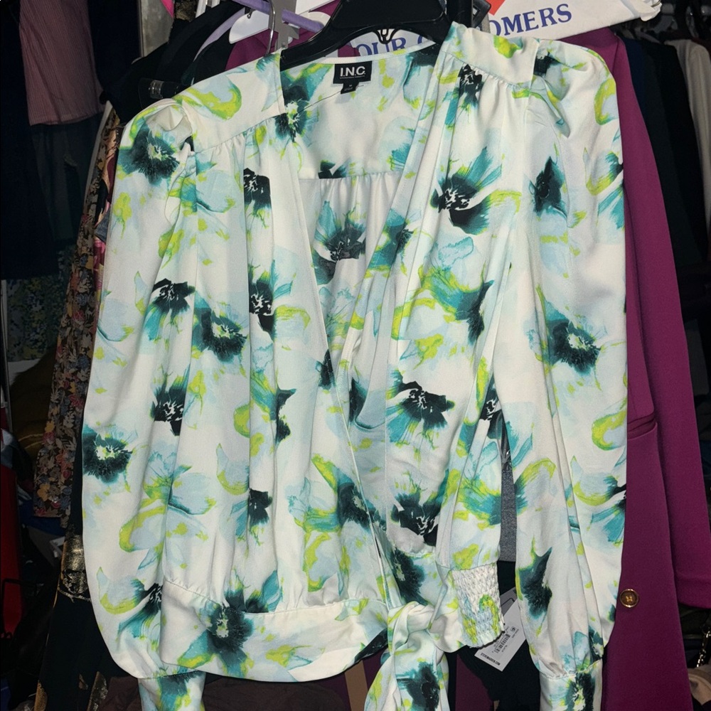 INC International Concepts Green Wrap Blouse with Graphic Design